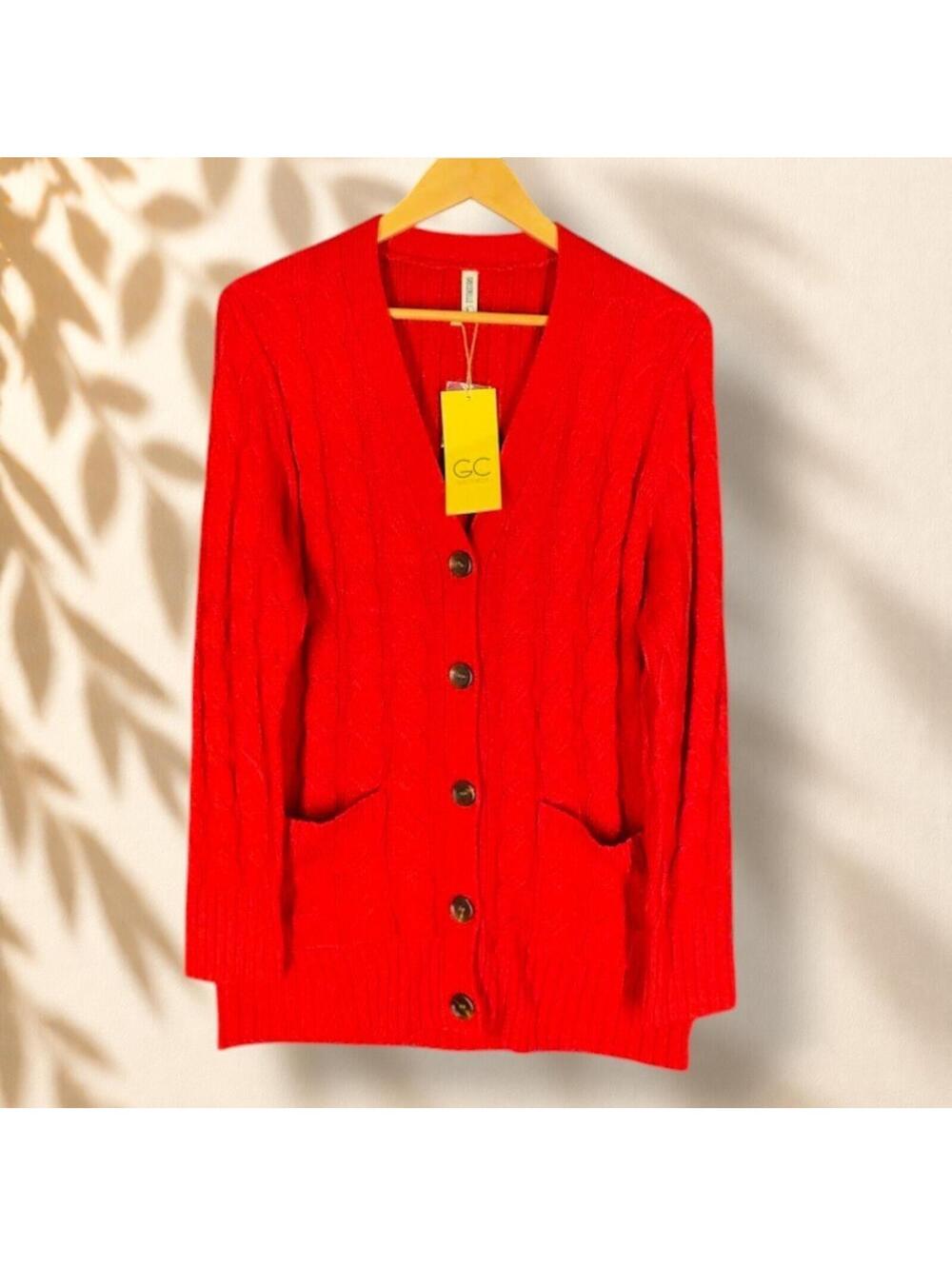 New Grecerelle Cardigan Women L Large Red Button Up V-Neck Cable Knit Pockets